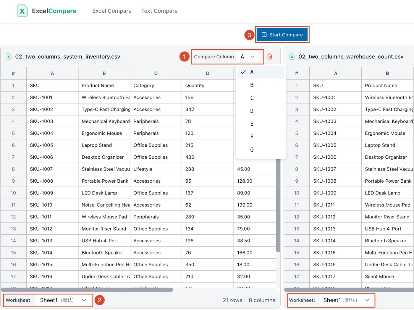 Upload Excel files and select columns to compare two columns in Excel online