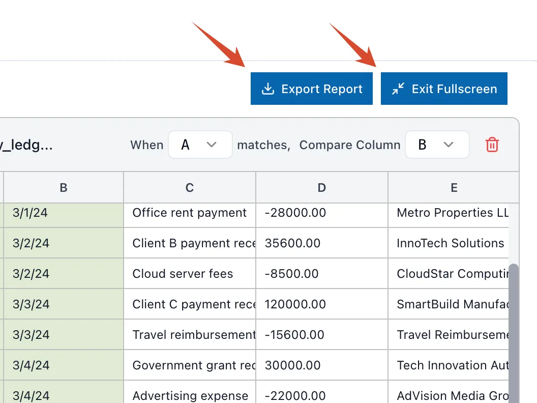Fullscreen view and export reconciliation results when comparing Excel files by key column