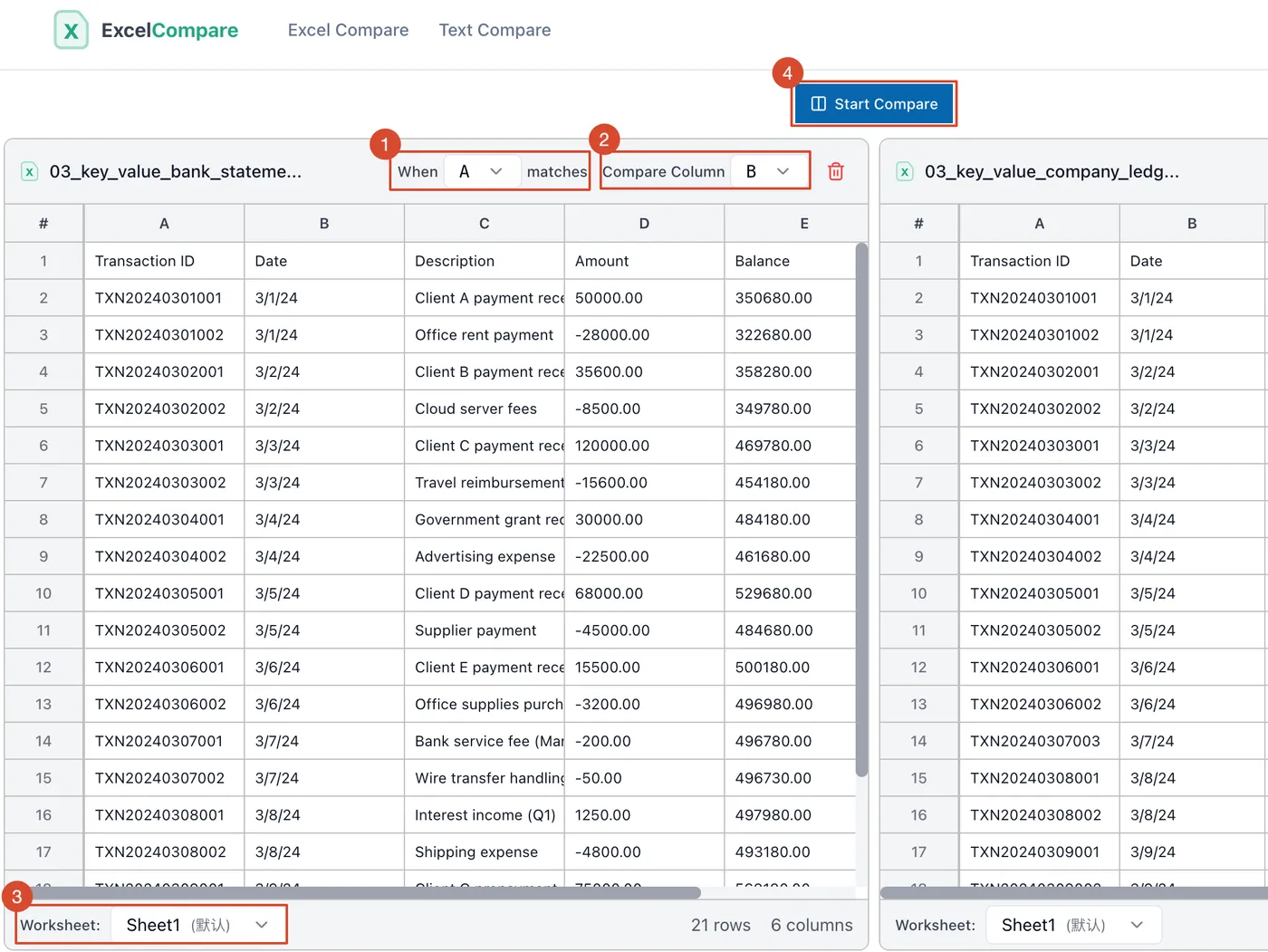 Upload Excel files and select key columns to reconcile data differences online